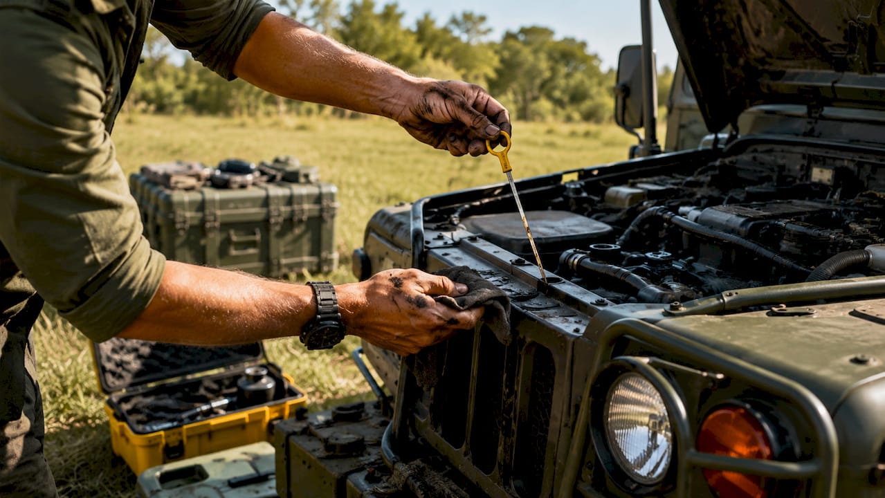 Hands checking vehicle oil in military garage