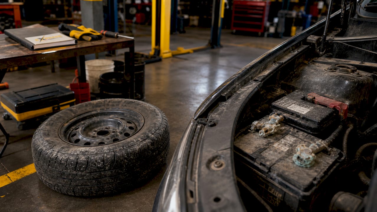 Close-up of car tire cracking and corroded battery