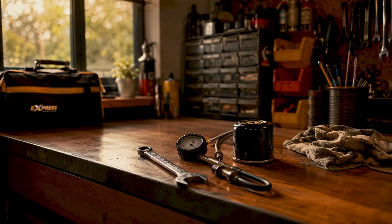 Assorted car maintenance tools on workbench