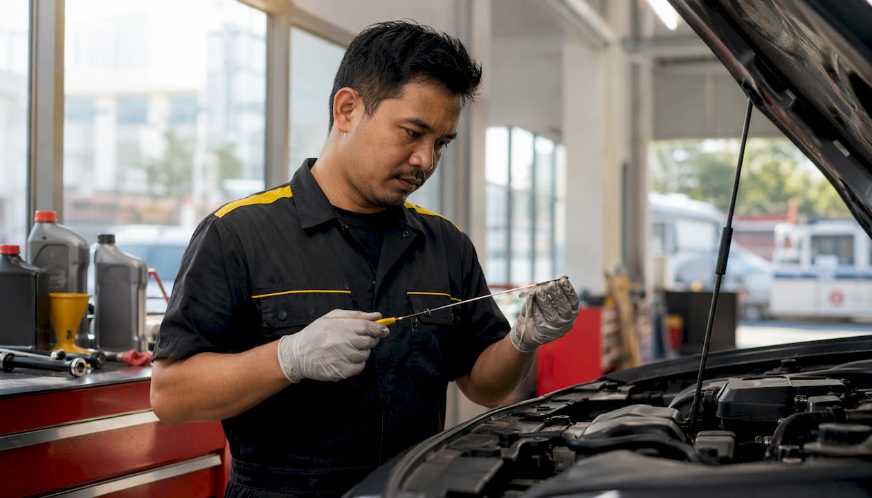 Technician inspecting oil dipstick