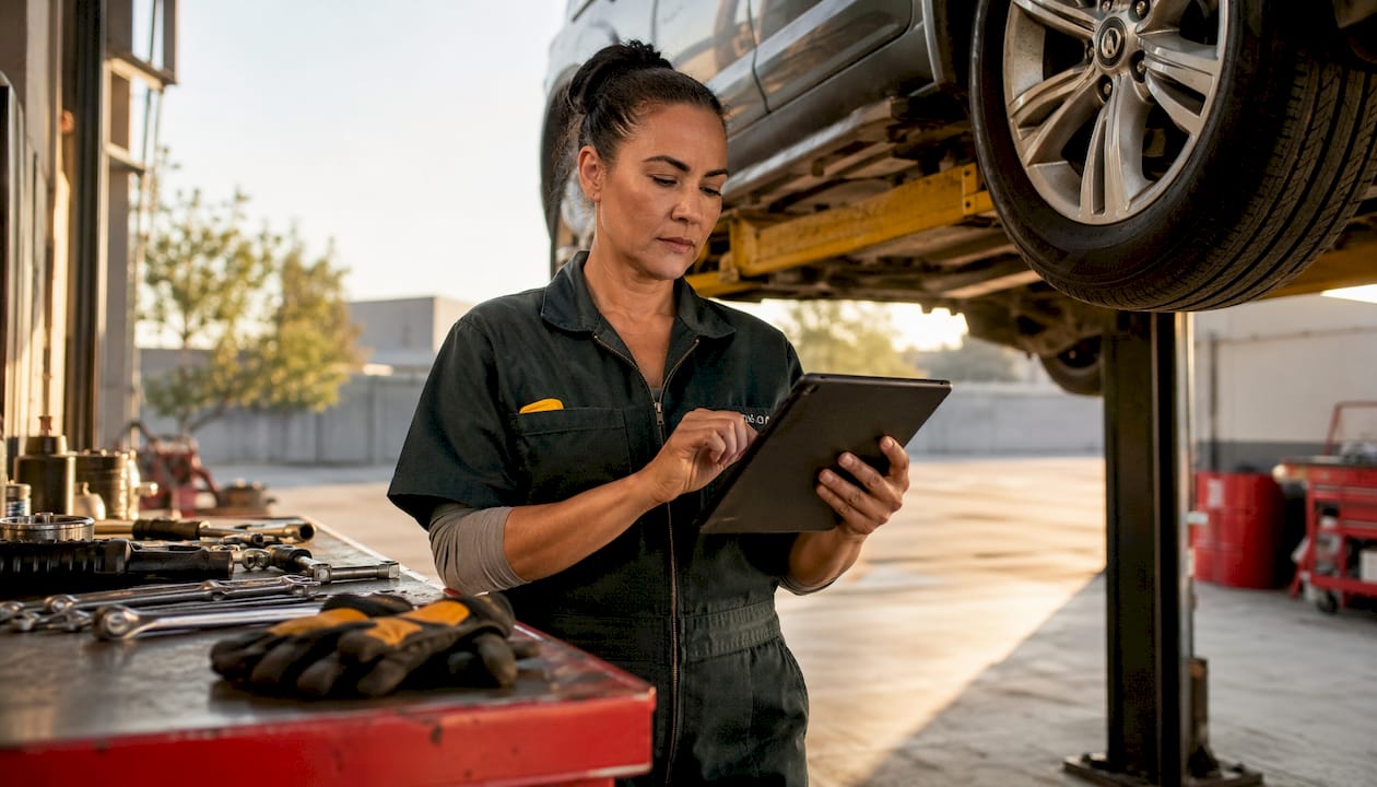 Mechanic reviewing engine data on tablet