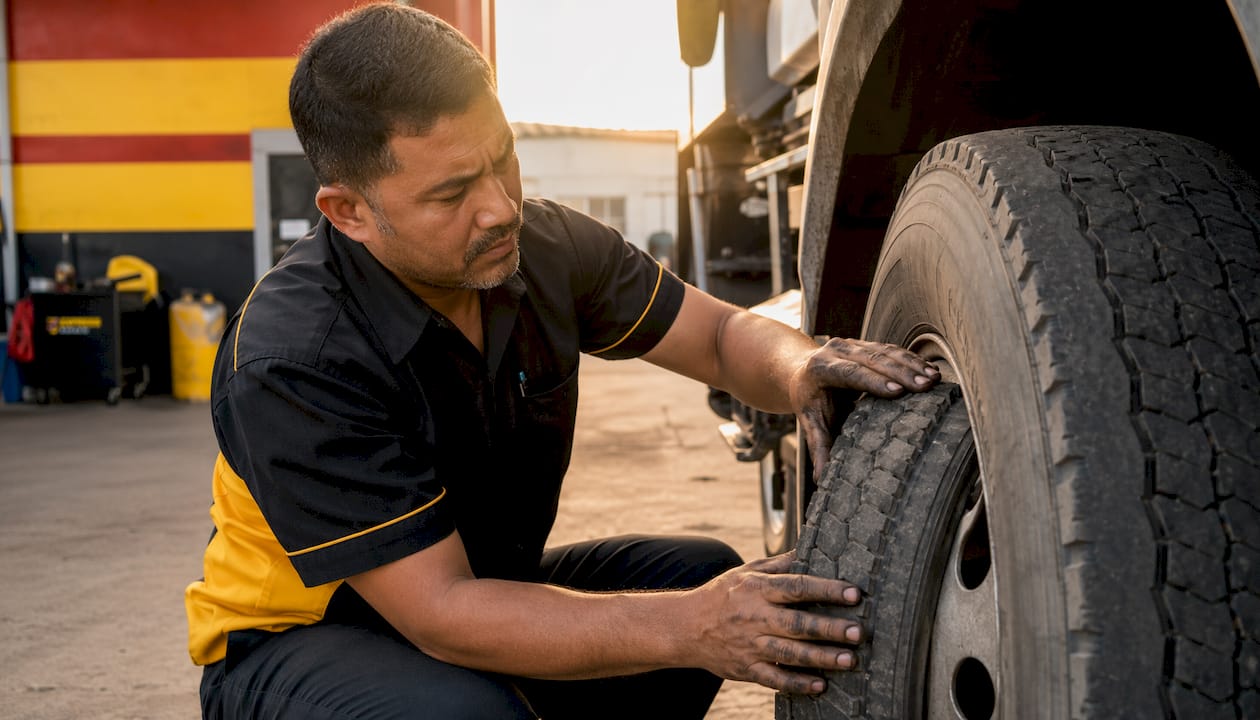 Hands inspecting worn vehicle tire tread outdoors