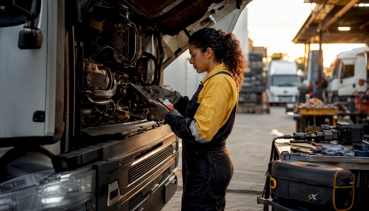 Technician checking truck engine with diagnostic tablet