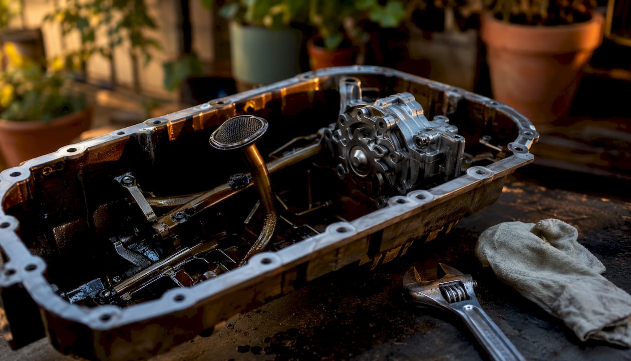 Close-up of wet sump engine lubrication parts