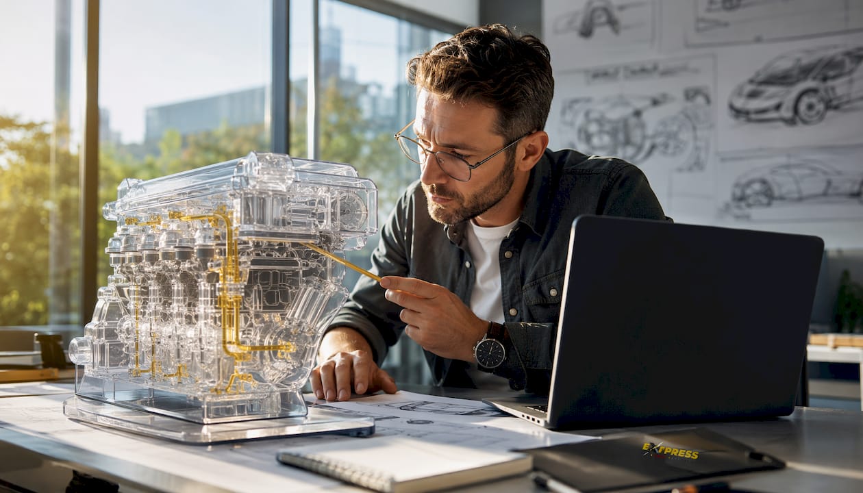 Engineer reviewing engine oil flow model