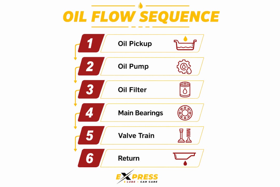 Infographic illustrating engine oil flow steps