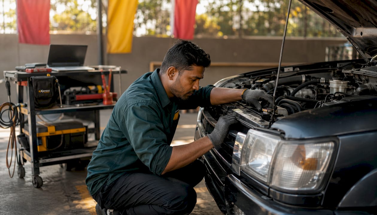 Mechanic adjusting truck cooling system outdoors