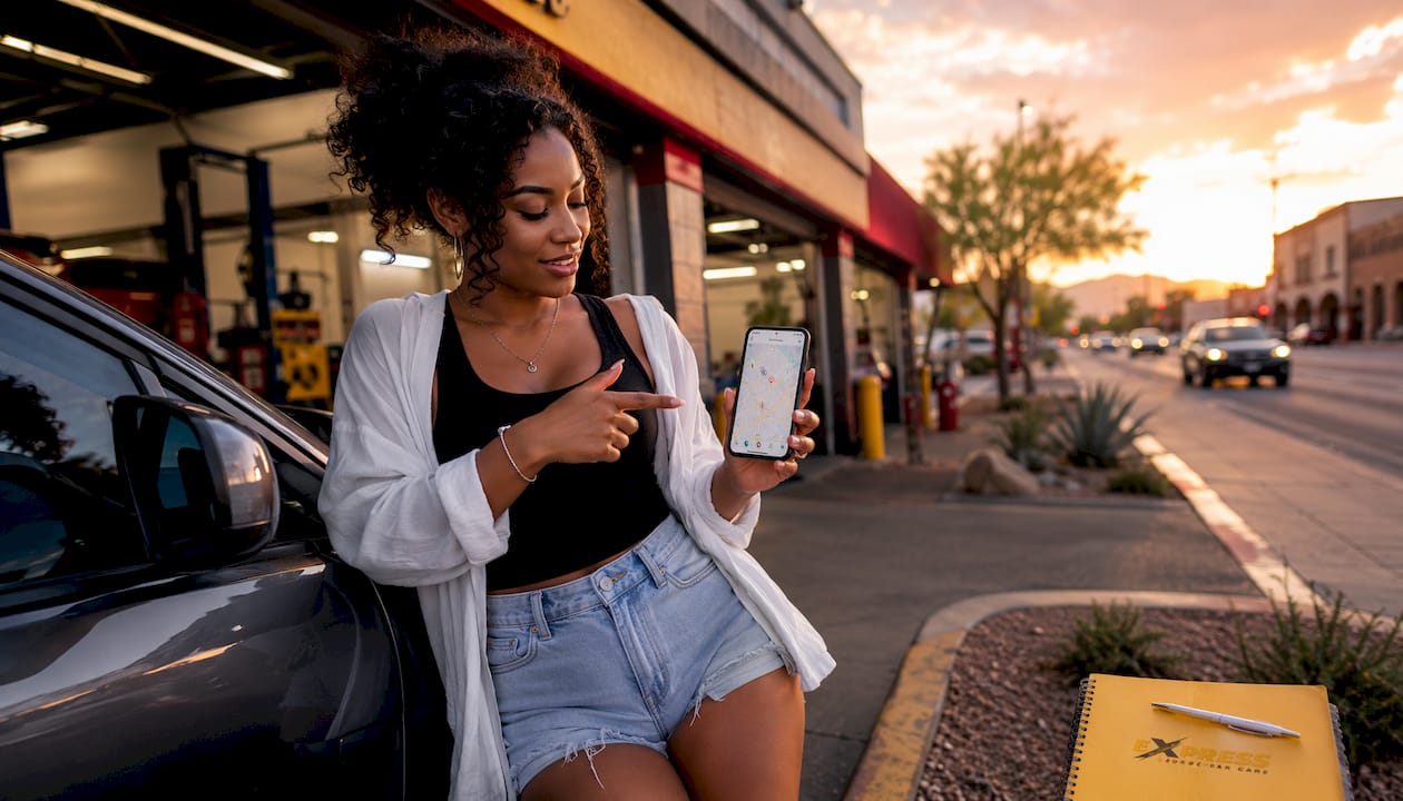 Woman using smartphone map to find Tucson auto shops