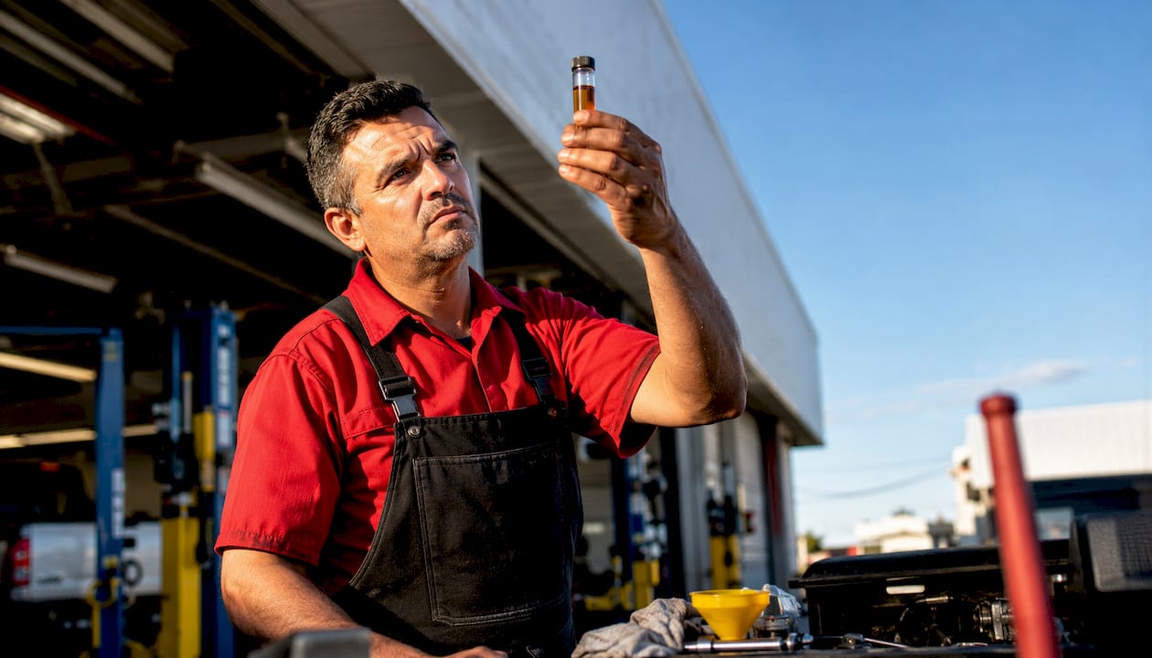 Mechanic inspecting oil sample vial against light