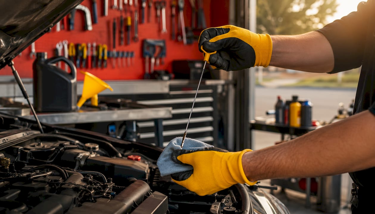 Hands checking engine oil level in car