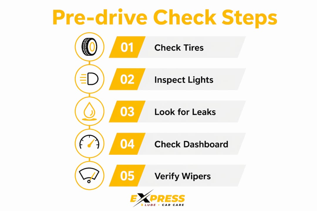 Infographic showing pre-drive car check steps