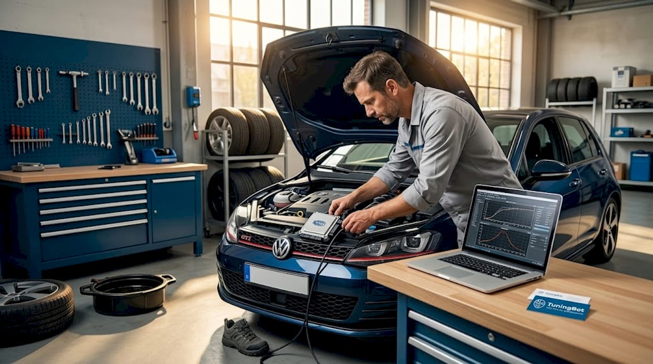 Mechanic Calibrating Marelli Ecu With Laptop In Workshop