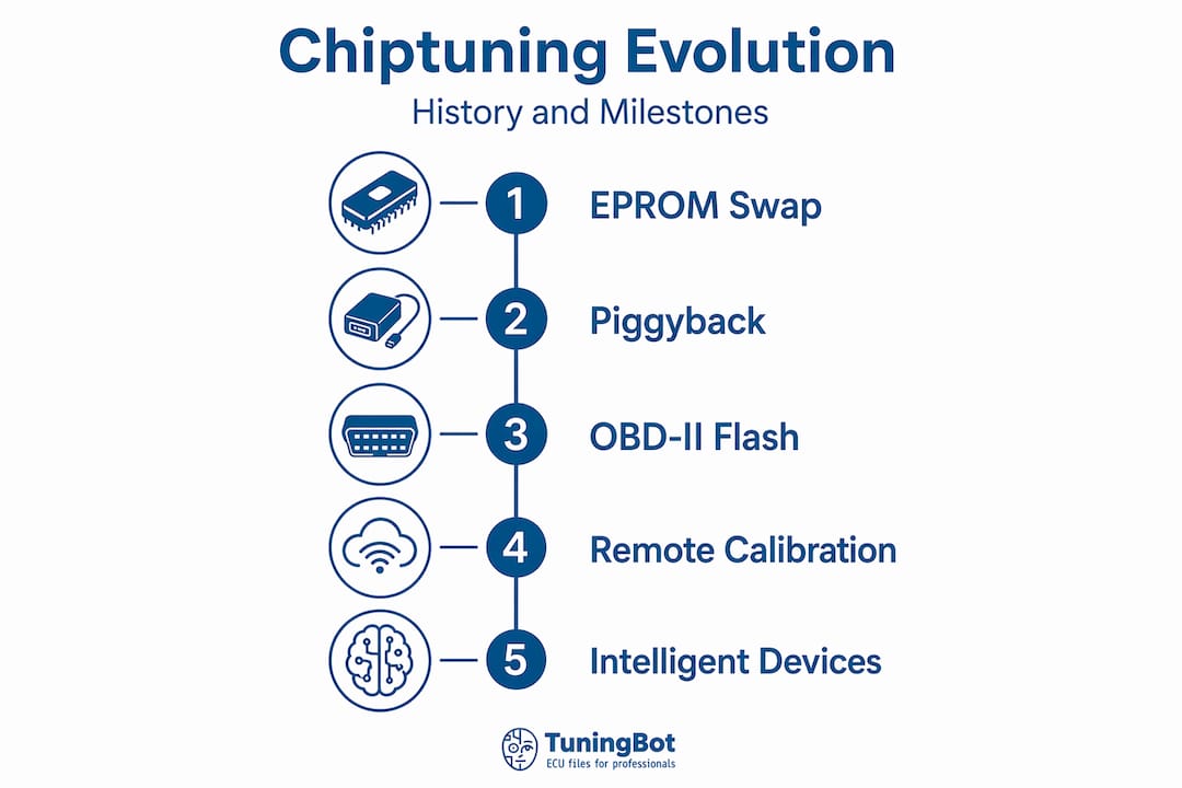 Chiptuning History: Origins, Evolution, And Milestones Vertical Timeline Of Chiptuning Milestones And Methods