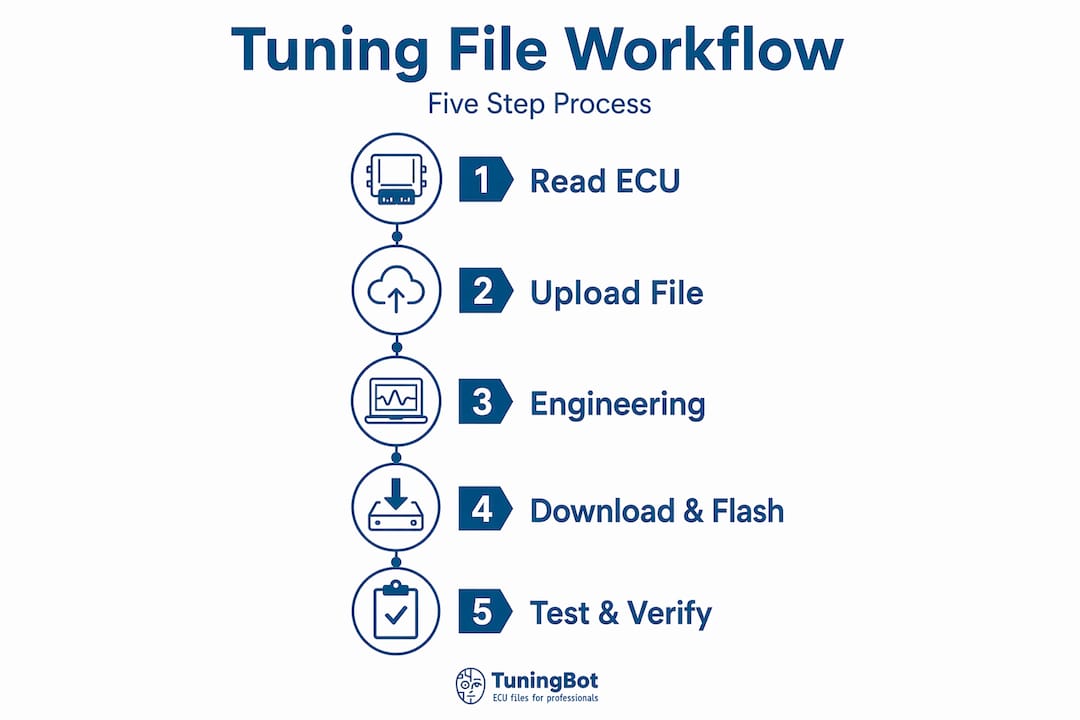 Online Tuning File Service Workflow For Workshops Infographic Showing Step-By-Step Online Tuning Workflow