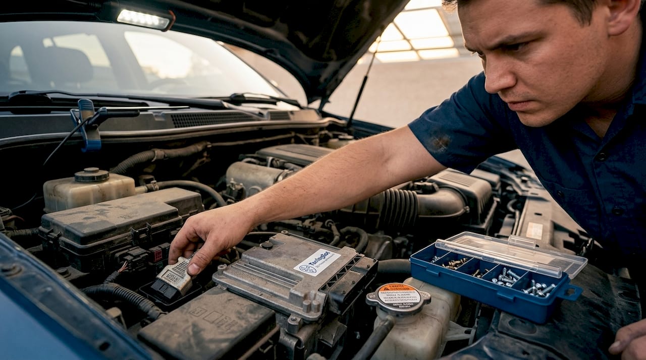 Reconfiguración del coche explicada: Ganancias de rendimiento y ajuste seguro Plugging Diagnostic Cable Into Car Ecu Module