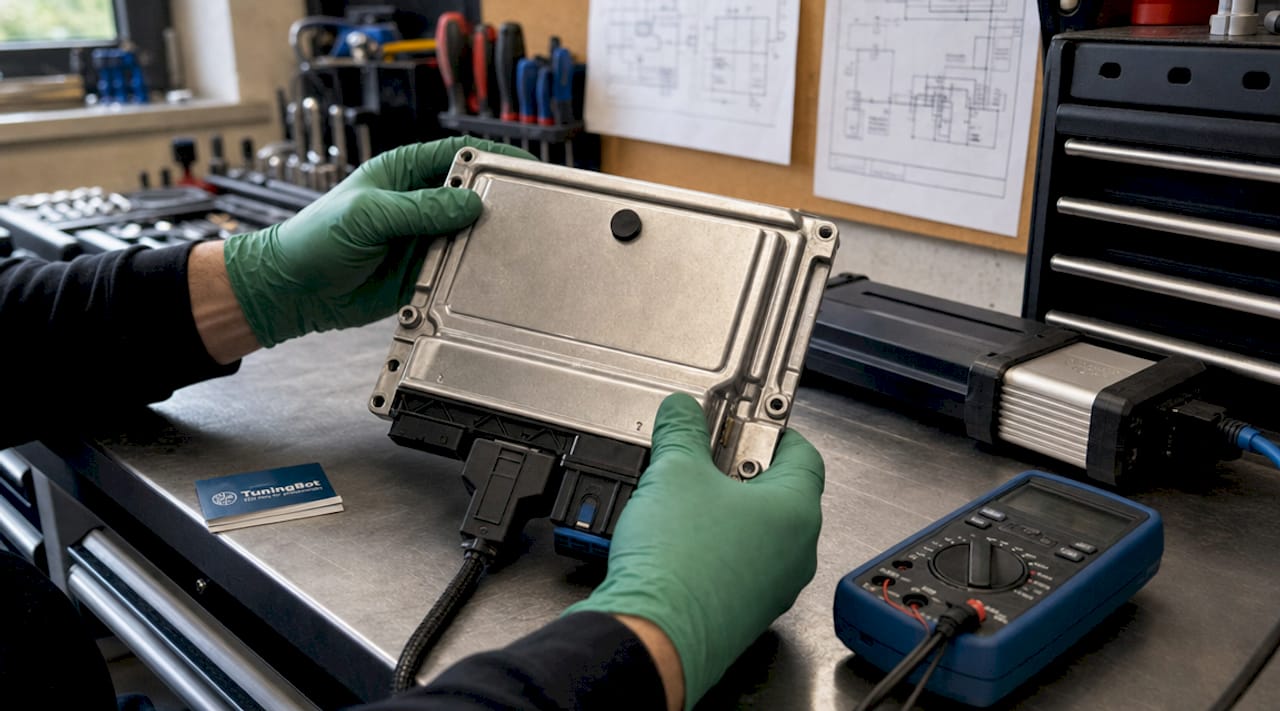 Types Of Peugeot Citroën Ecu Remapping Explained Hands Holding Peugeot Ecu With Tuning Tools