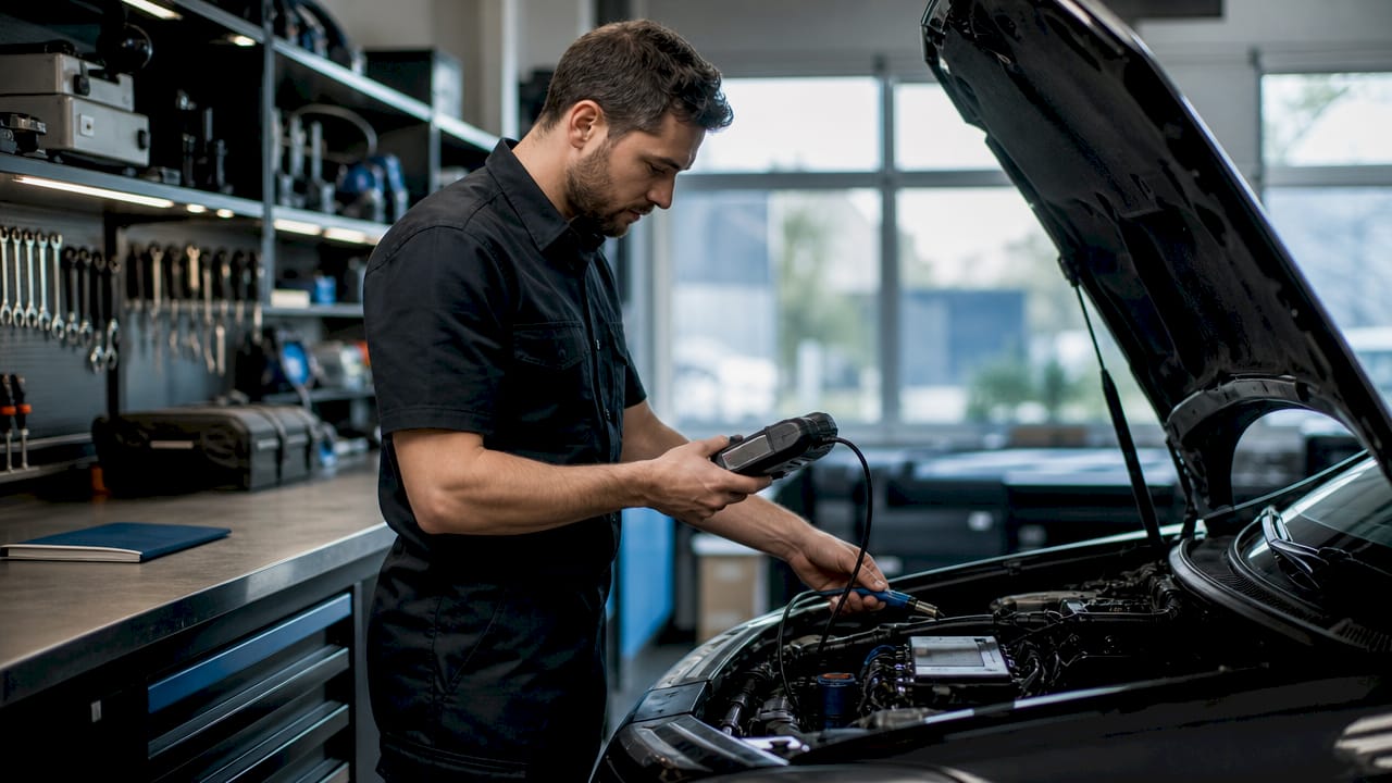 Technician’s Hand Operating Ecu Tuning Device