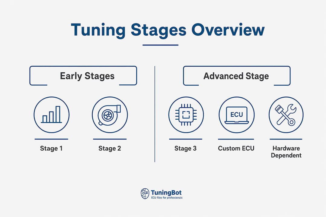 Big Turbo Remap Stage 3: La Guida Completa per il Preparatore Infographic Comparing Stages 1, 2, And 3 Tuning