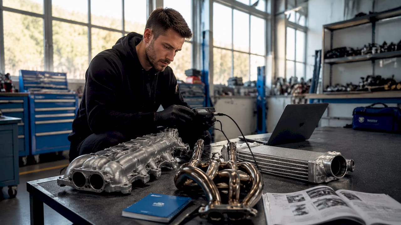 Close-Up Of Hands With Ecu Device And Vehicle Performance Parts