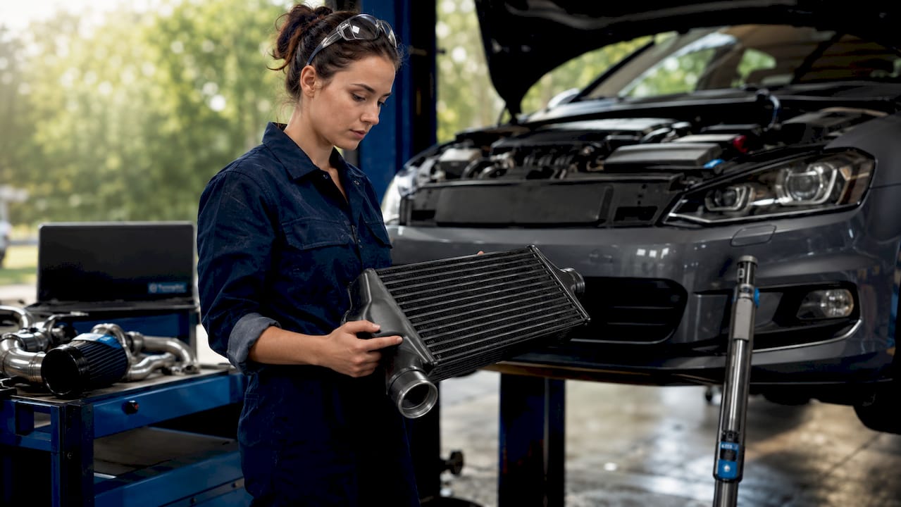Technician Examining Intercooler For Ecu Tuning Upgrade