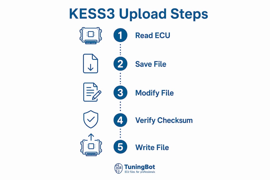 Kess3 File Upload Tuning Guide For Professionals Infographic Showing Step-By-Step Kess3 File Upload Process
