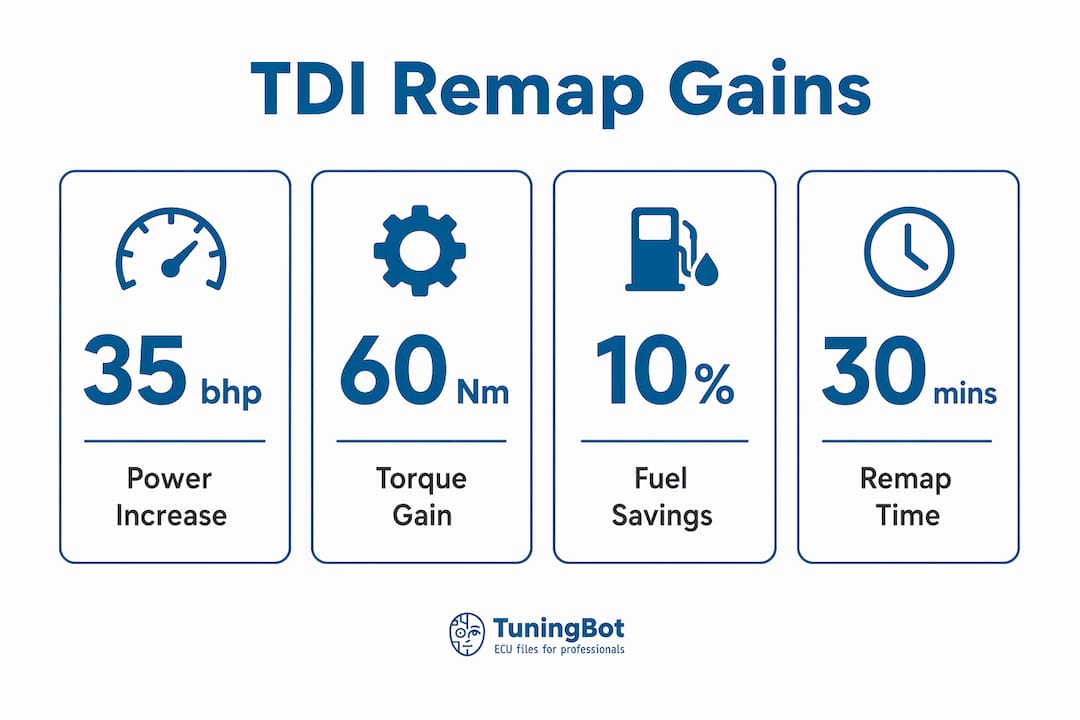 Tdi Engine Remapping: Performance Gains Explained Infographic Showing Tdi Remap Power, Torque, Fuel, Time Gains