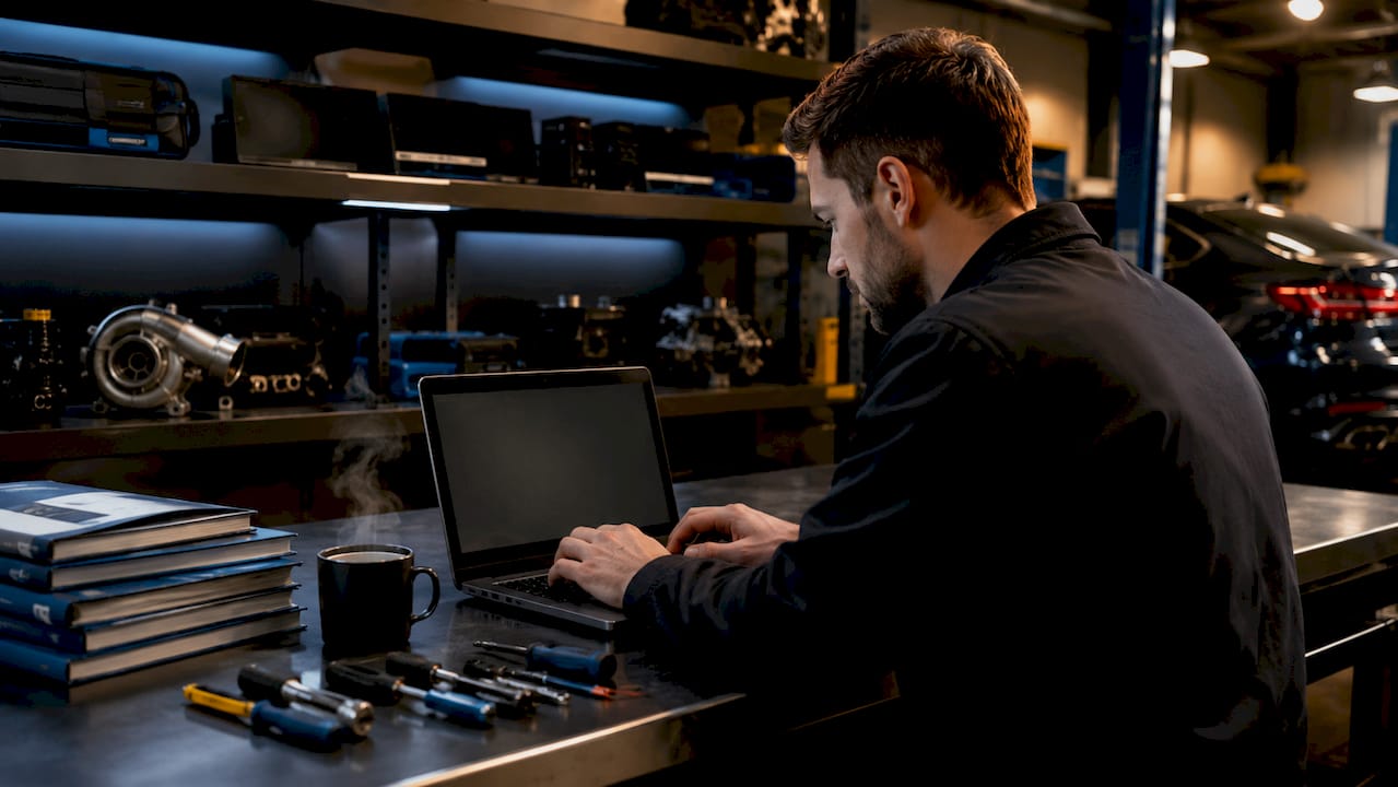 Tdi Engine Remapping: Performance Gains Explained Hands Typing On Laptop In Tuning Workshop