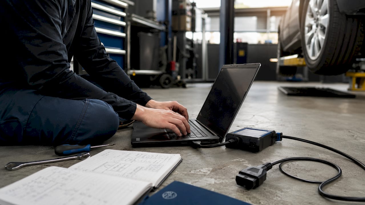 Technician Typing On Laptop Beside Autotuner Device