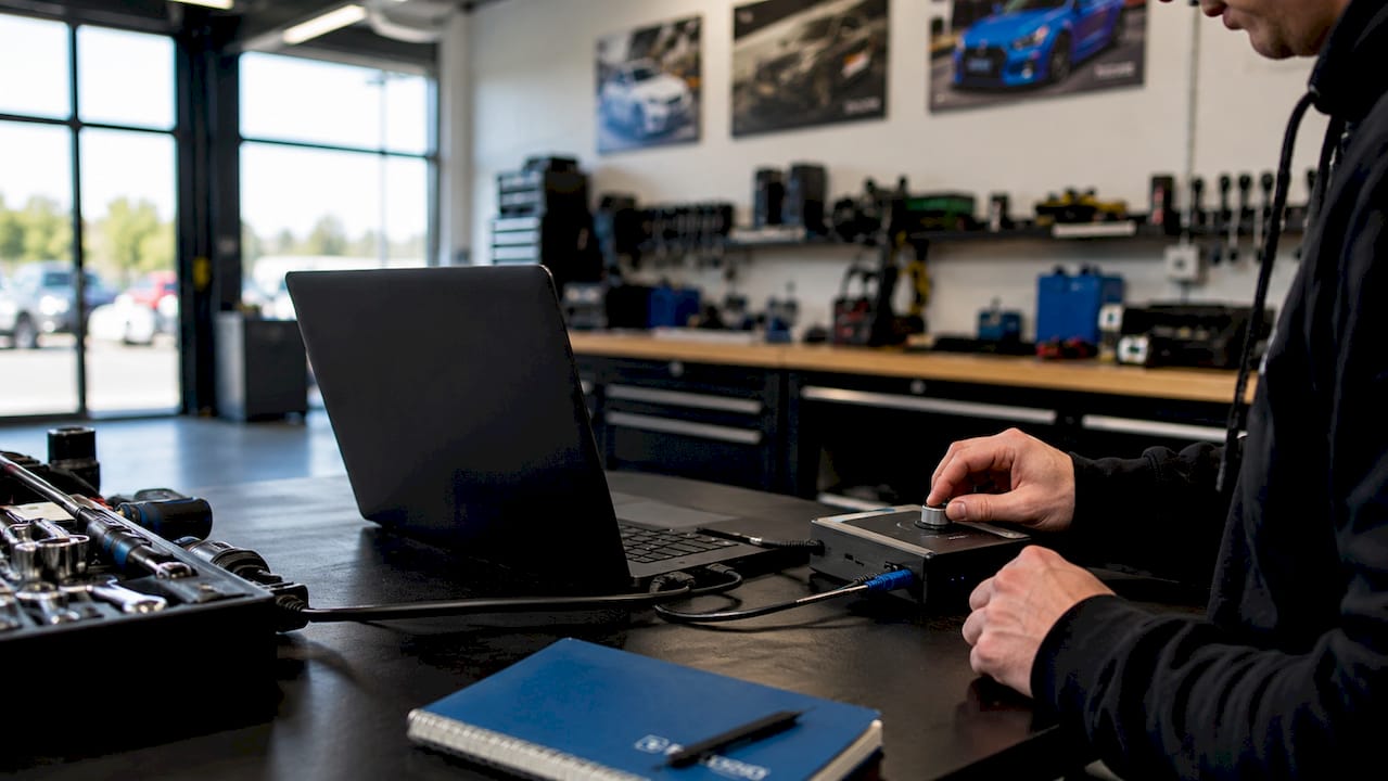 Hands Adjusting Ecu Tuning Device At Workbench