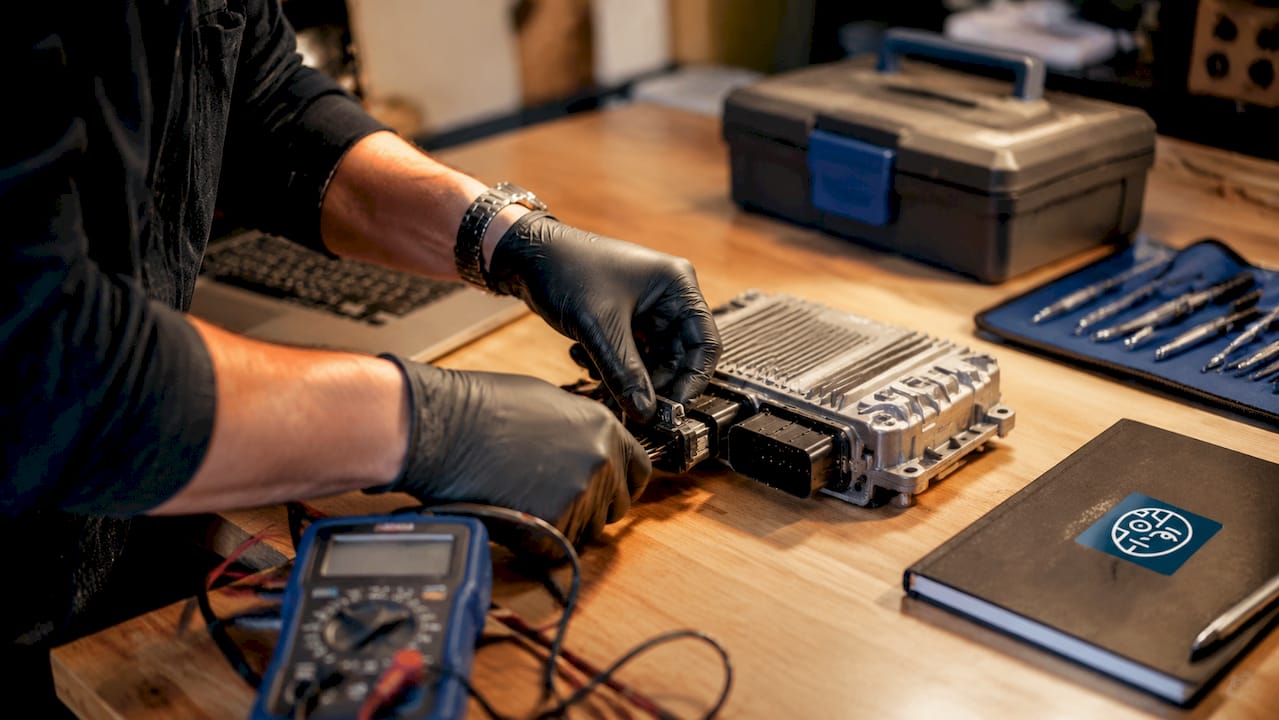 What Is Bench Tuning? A Professional Ecu Guide Hands Attaching Power Supply To Ecu With Safety Tools