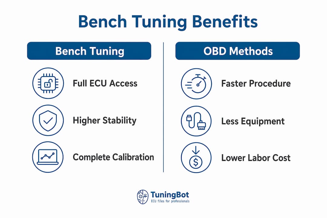 What Is Bench Tuning? A Professional Ecu Guide Infographic Comparing Bench Tuning And Obd Method Benefits