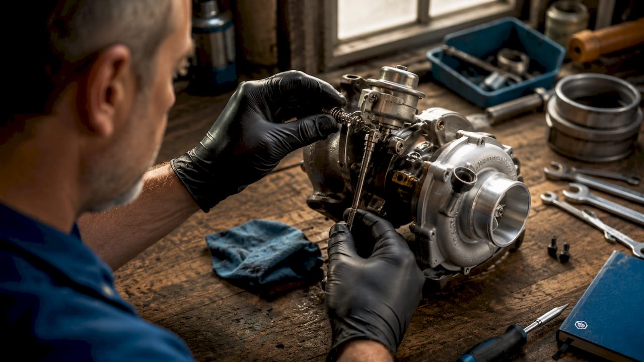 Turbo Tuning Map Optimization: A Professional Guide Technician Adjusting Wastegate Actuator On Turbocharger