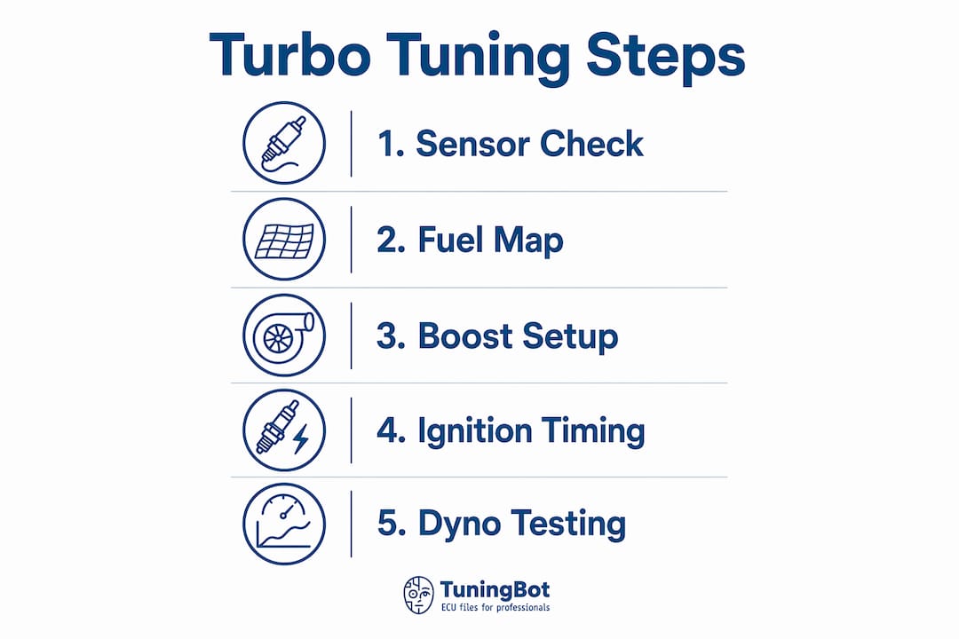 Turbo Tuning Map Optimization: A Professional Guide Infographic Showing Five Steps Of Turbo Tuning Process