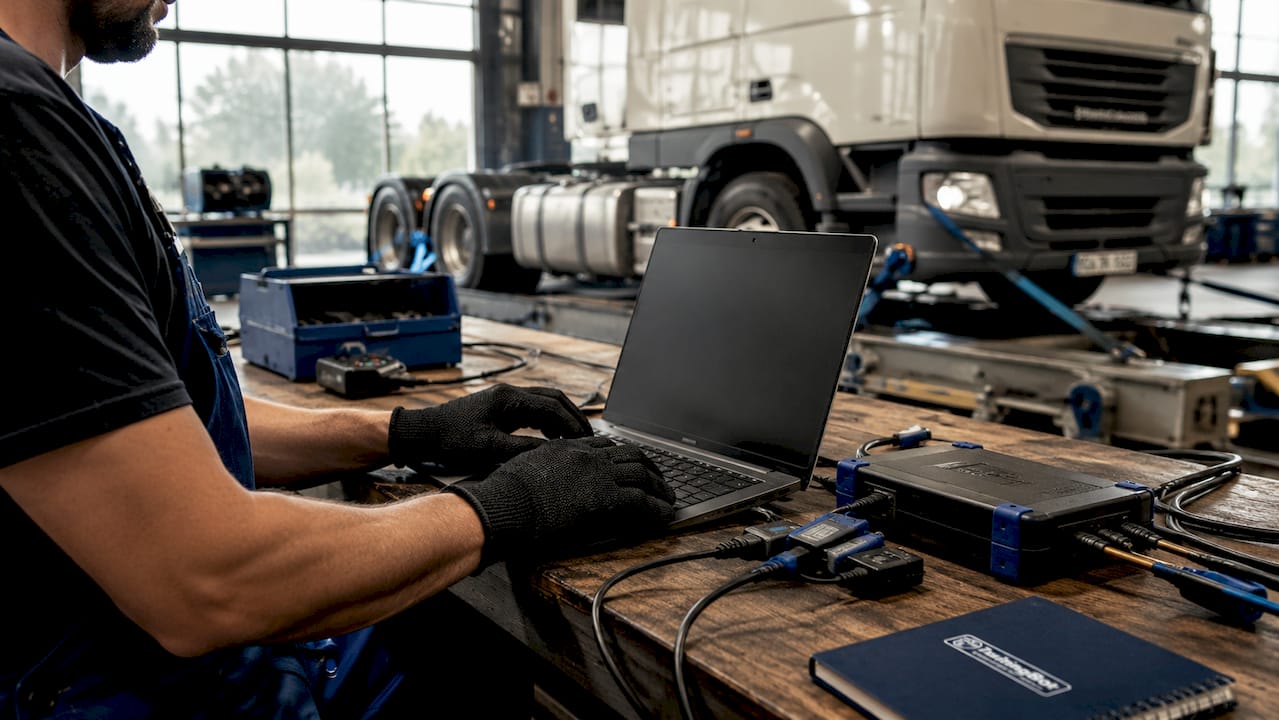 Hands Operating Laptop For Truck Baseline Data Logging