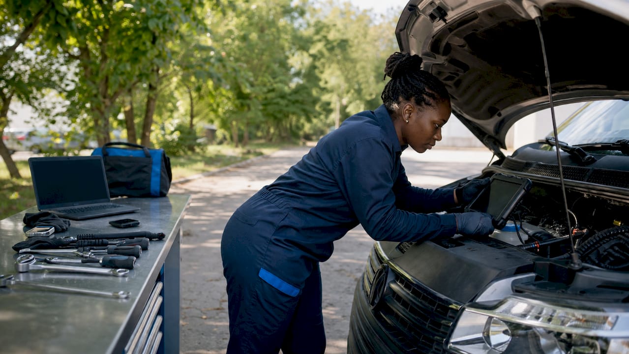The Role Of Remap In Fleet Management: 2026 Guide Mechanic Adjusting Diagnostic Tablet On Commercial Van Engine