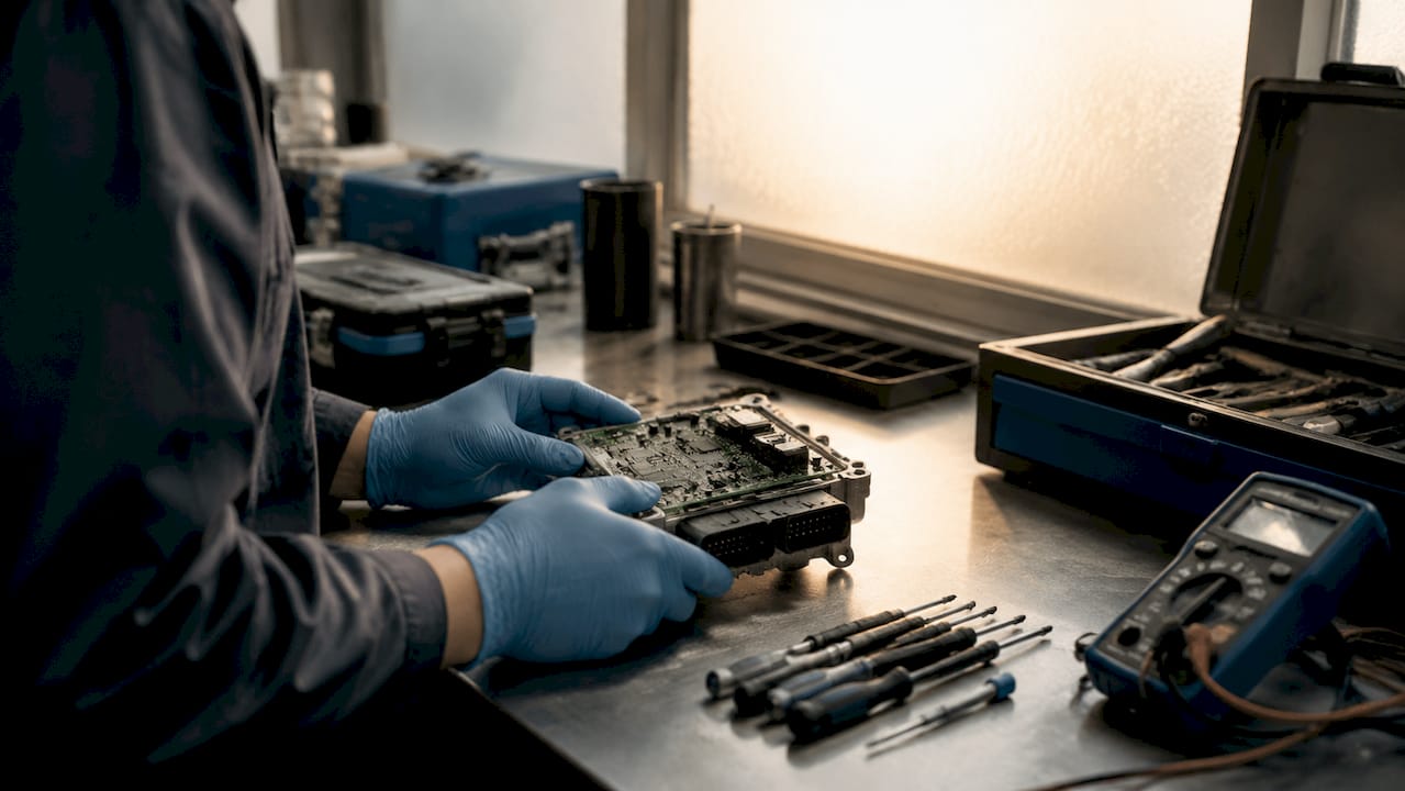 Hdi Engine Remapping: What Diesel Owners Need To Know Close-Up Of Ecu And Tuning Tools On Workbench