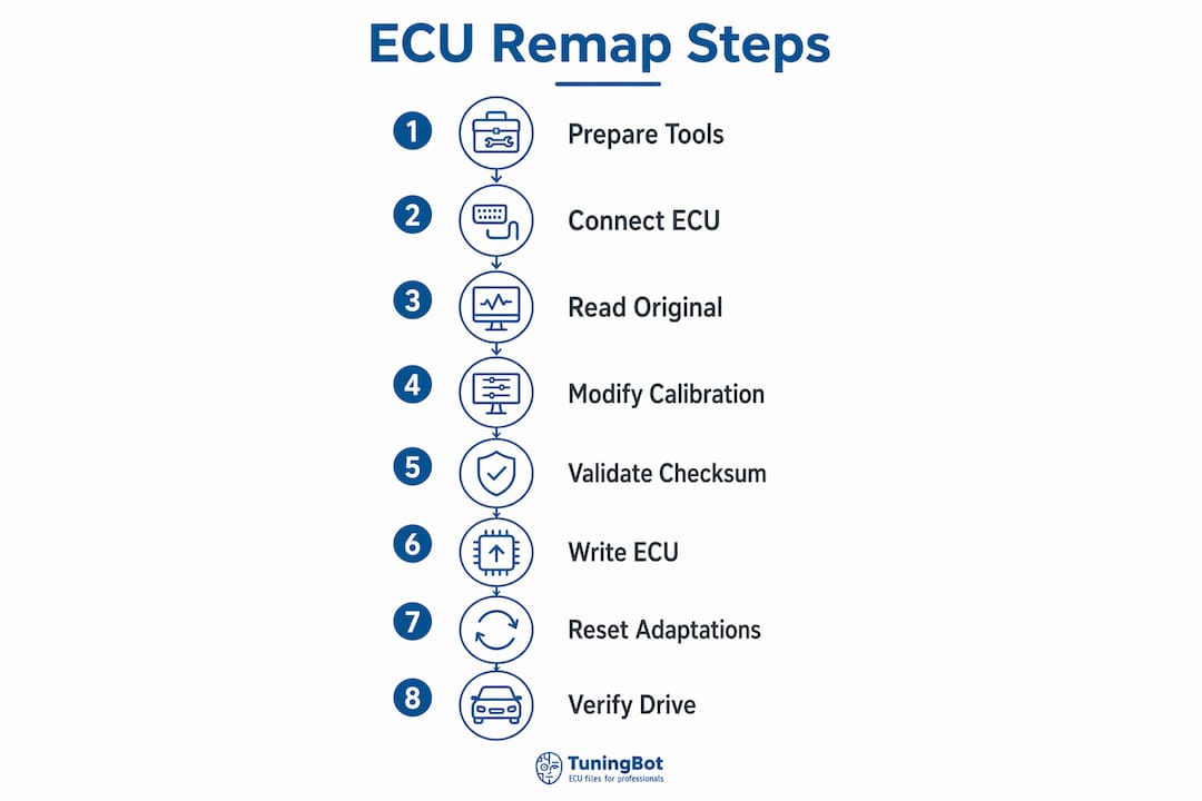 Magic Motorsport Remap Workflow: A Professional Guide Infographic Illustrating Step-By-Step Ecu Remapping Workflow