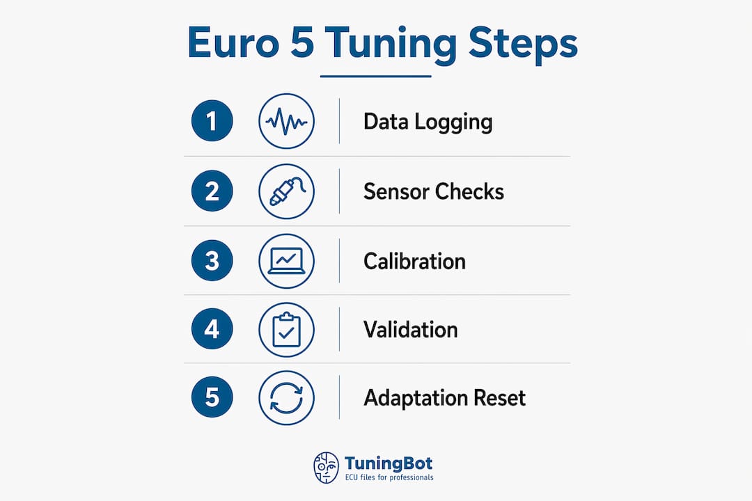 Euro 5 Engine Tuning: A Professional Guide For Tuners Infographic Illustrating Euro 5 Engine Tuning Workflow Steps