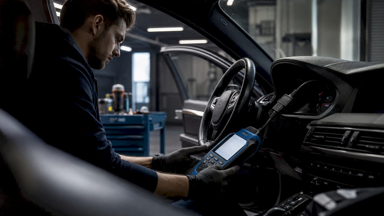 Hands Using Diagnostic Tool On Vehicle Dashboard