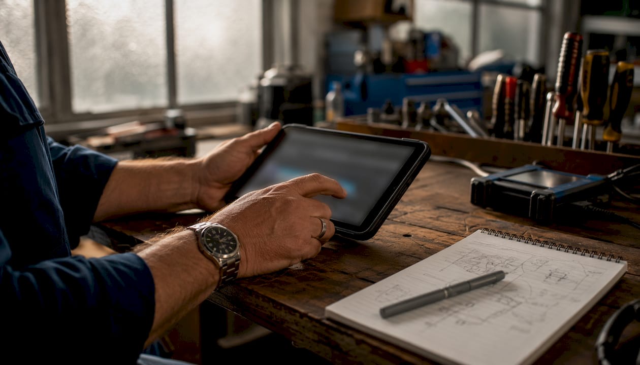 Hands Uploading Ecu File Using Tablet In Office