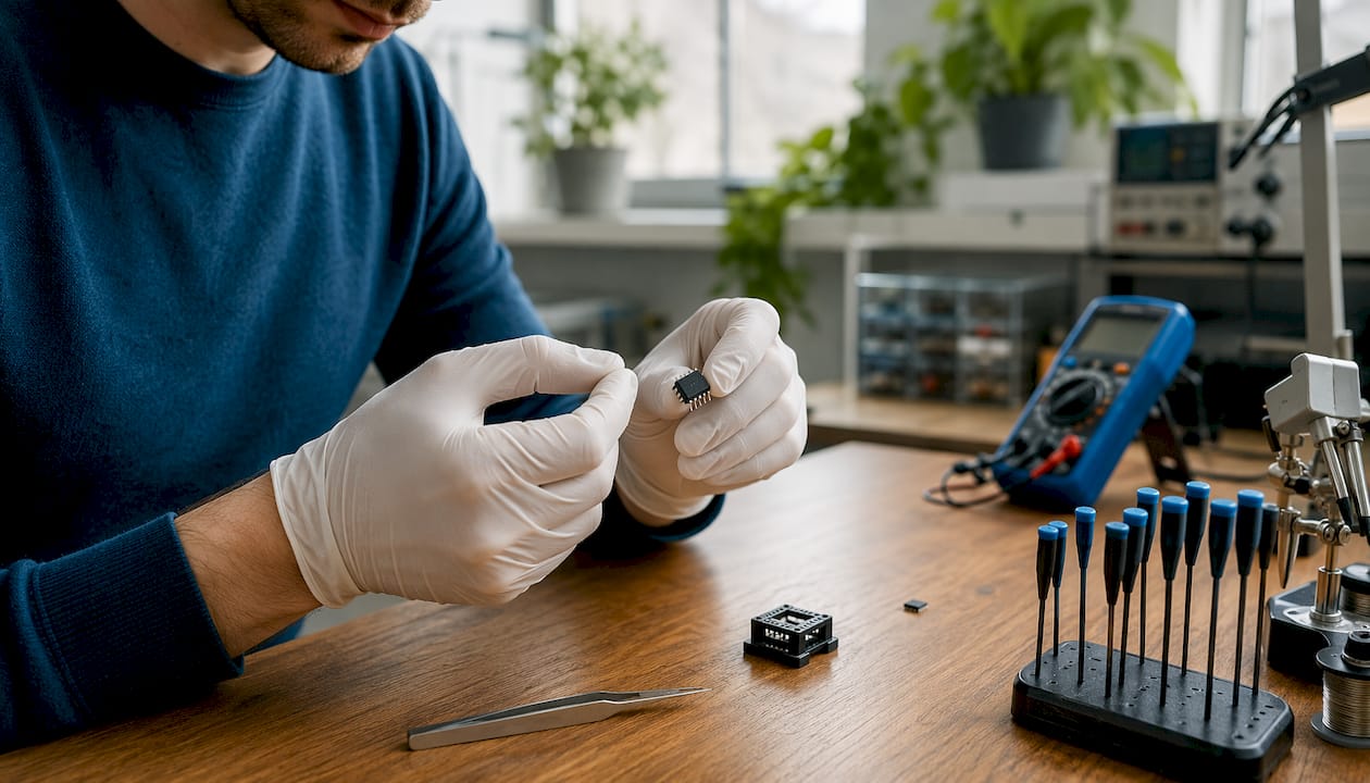 Close-Up Of Hands Holding Eeprom Chip
