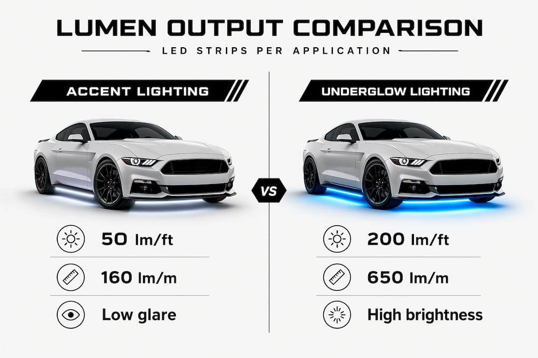 Infographic comparing accent vs underglow LED lumens