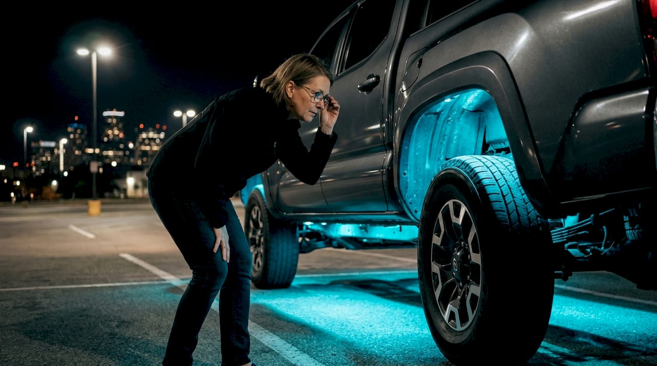 Woman inspecting underglow brightness on truck