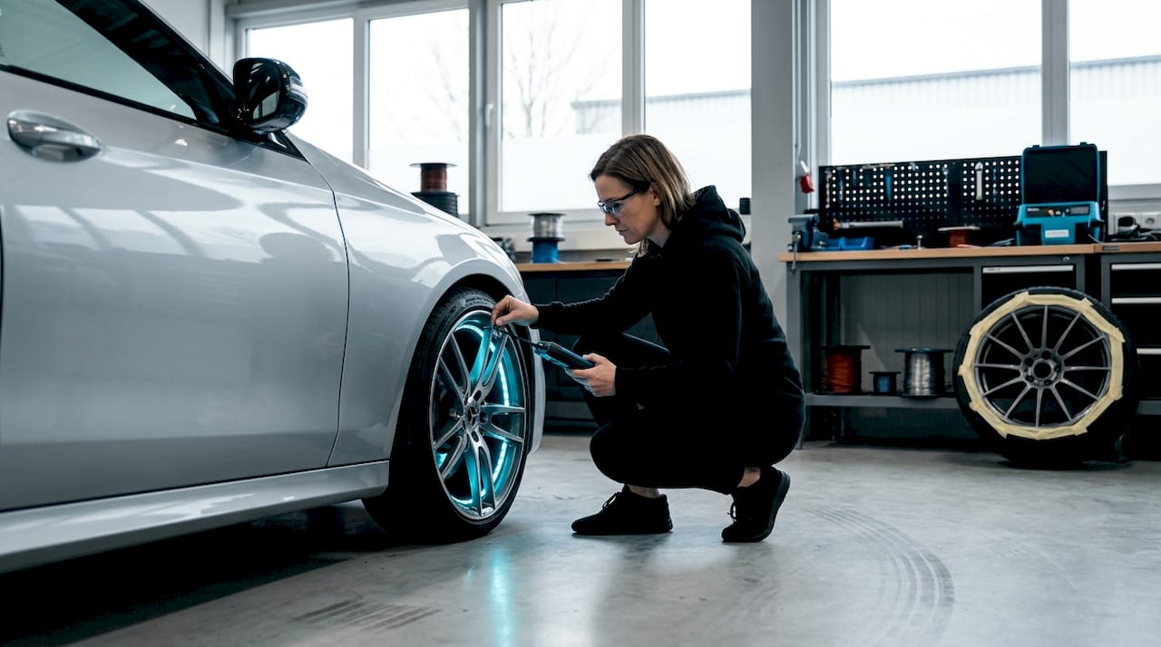 Engineer testing LED lighting on car wheels