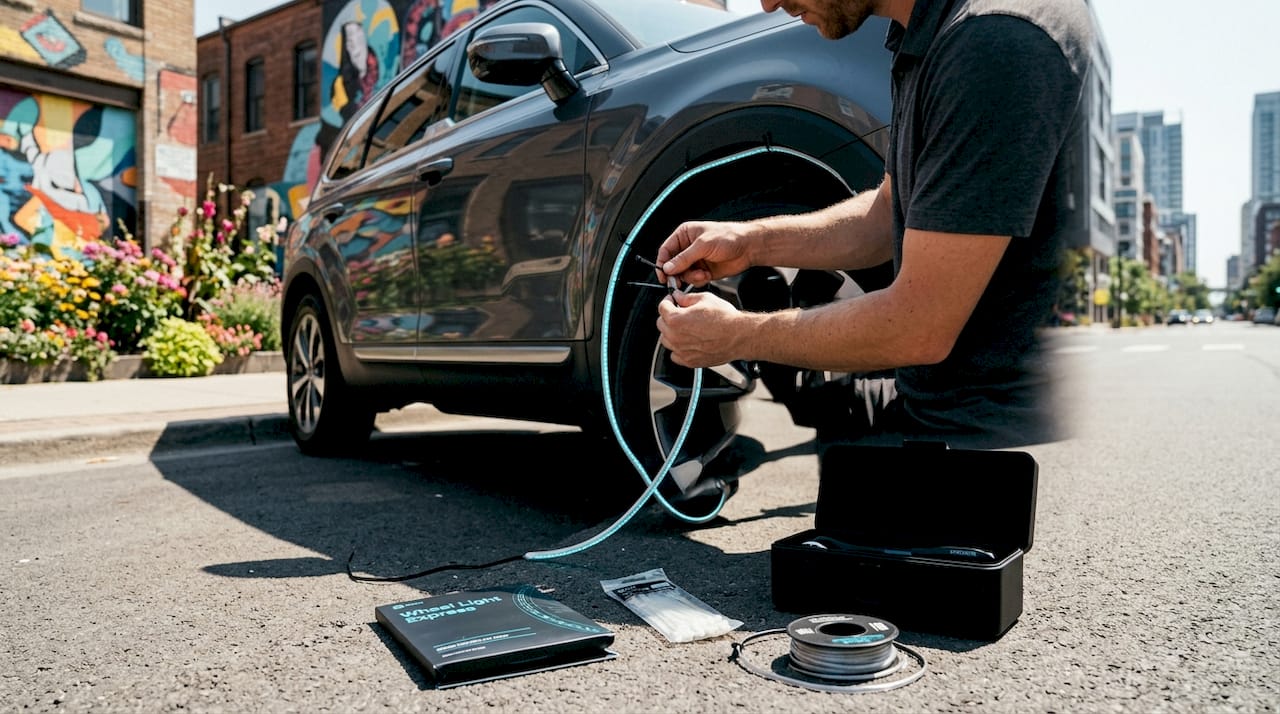 Person installing static LED strip in wheel well