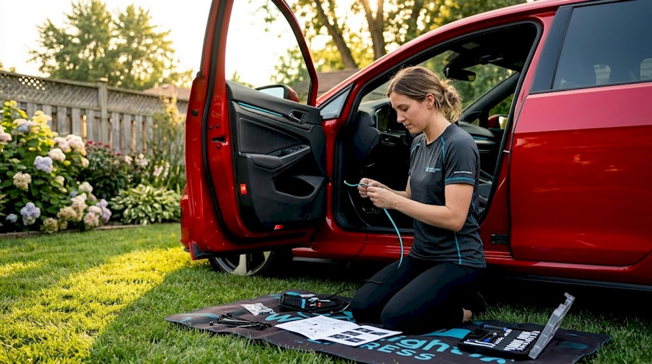 Person installing LED strip inside car