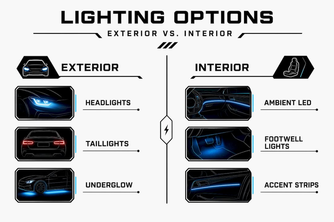 Infographic comparing exterior and interior car lighting options