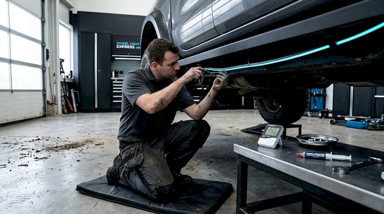 Mechanic installing LED strip in aluminum channel