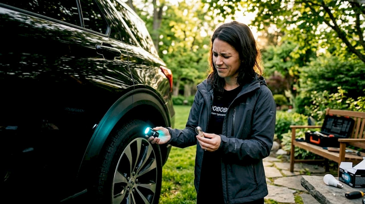 Woman comparing LED and bulb wheel lights