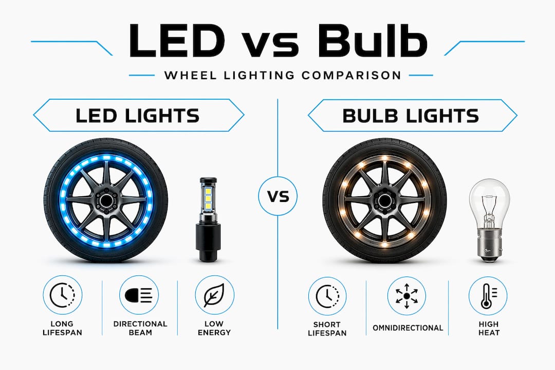 Split infographic comparing LED and bulb wheel lights